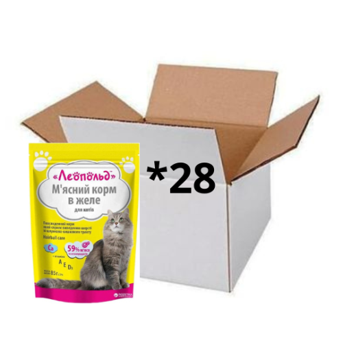 „Leopold jeleu de carne pentru epilare 85 g – jeleu alimentar natural destinat pisicilor, fabricat din minimum 59 % carne și organe (vită), fără soia, conservanți sau coloranți, ambalat în cutie compactă de 85 g.”