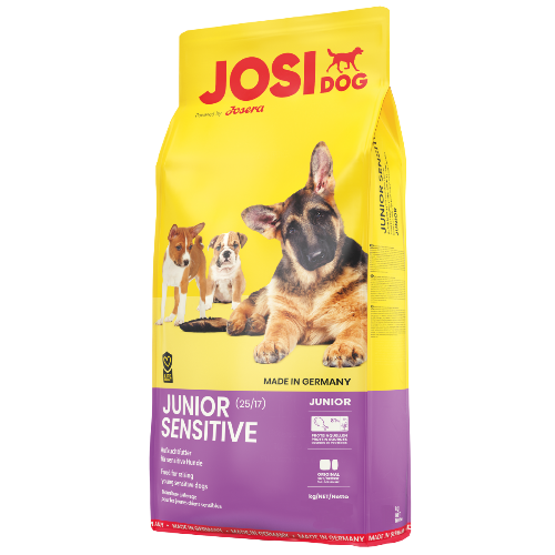 „JosiDog Junior Sensitive – hrană uscată pentru căței sensibili, cu proteine ușor digerabile și formulă echilibrată pentru o creștere sănătoasă.”