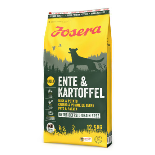 „Hrană uscată Josera Ente & Kartoffel 12,5 kg pentru câini sensibili – rață gustoasă și cartofi ușor digerabili pentru o alimentație echilibrată.”