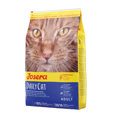 „Hrană uscată fără cereale Josera DailyCat pentru pisici adulte – cu carne de pasăre, pentru digestie ușoară și sănătatea blănii.”