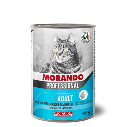 Hrana umedă pentru pisici PATÉ ADULTI CU PEȘTE ALB ȘI CREVEȚI, 400 g – textură cremoasă și ingrediente marine premium.”