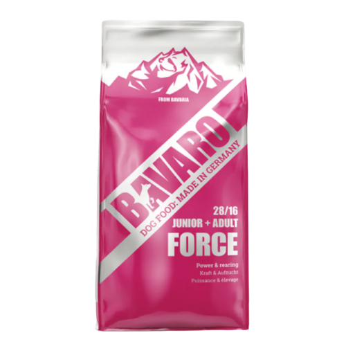 „Hrană uscată BAVARO Force 28/16 18 kg – formulă cu energie ridicată pentru câini activi și de lucru.”