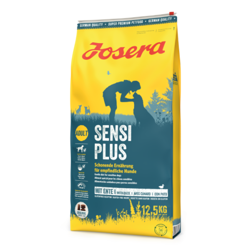 hrană pentru câini sensibili JOSERA SensiPlus” și „JOSERA SensiPlus 12,5 kg cu rață și orez pentru câini adulți.
