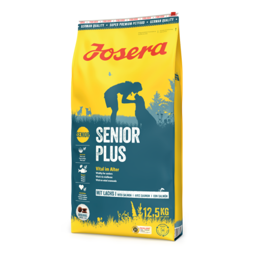 „Hrană uscată Josera Dog SeniorPlus 12.5 kg pentru câini seniori – formulă ce protejează articulațiile și susține digestia la câinii în vârstă.”