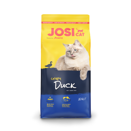 „Hrană uscată JosiCat Crispy Duck pentru pisici adulte – cu carne de rață crocantă pentru digestie ușoară și blană strălucitoare.”