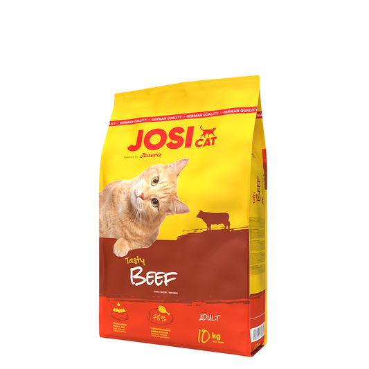 „Hrană uscată JosiCat Tasty Beef pentru pisici adulte – cu carne de vită pentru o digestie ușoară și blană strălucitoare.”