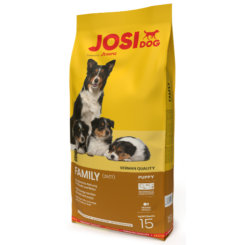 hrană pentru câini și pui JosiDog Family" și "JosiDog Family pentru câini adulți și femele gestante."