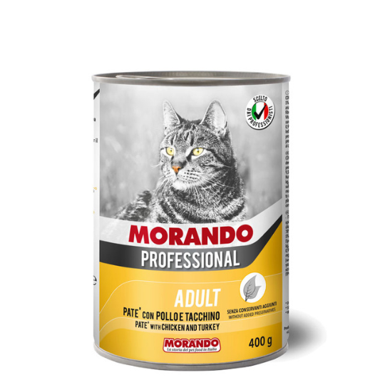 „Hrana umedă pentru pisici PATÉ ADULT CU PUI ȘI CURCAN (400 g) – textură fină și ingrediente premium.”