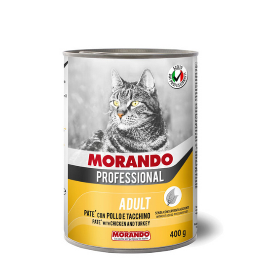 „Hrana umedă pentru pisici PATÉ ADULT CU PUI ȘI CURCAN (400 g) – textură fină și ingrediente premium.”