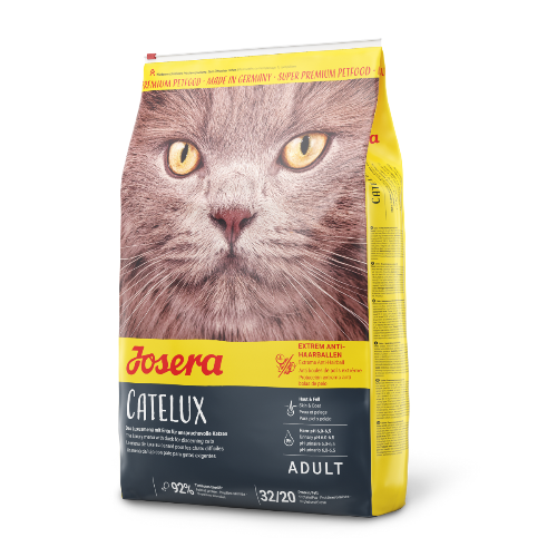 „Hrană uscată Josera Catelux pentru pisici adulte – cu carne de rață și cartofi, ideală pentru reducerea ghemotoacelor de blană și o blană strălucitoare.”