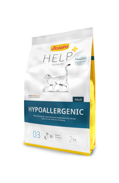 "Josera HELP Hyppoallergenic Cat 2 kg – Hrană uscată hipoalergenică pentru pisici cu sensibilități alimentare, cu proteine de rață și cartof pentru o digestie ușoară."