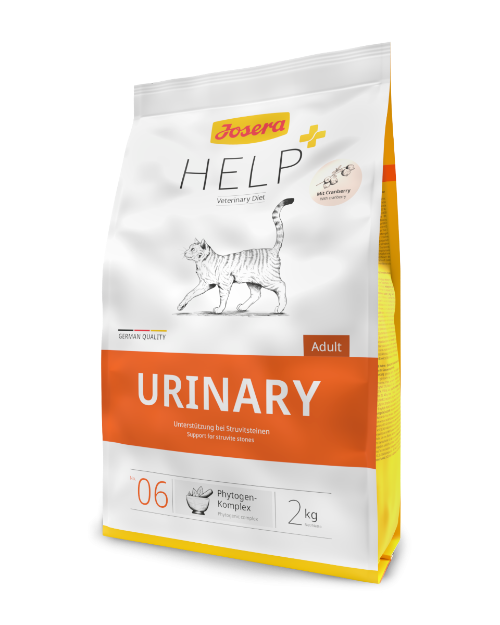 "Hrană uscată Josera HELP Urinari Cat 2kg – alimentație specială pentru pisici cu probleme urinare, ajutând la menținerea sănătății tractului urinar și prevenirea pietrelor urinare."