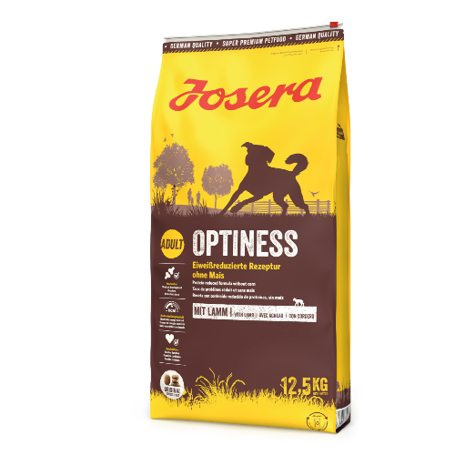 „Hrană uscată Josera Optiness 12,5 kg – cu miel și cartofi, fără grâu, ideală pentru câini adulți.