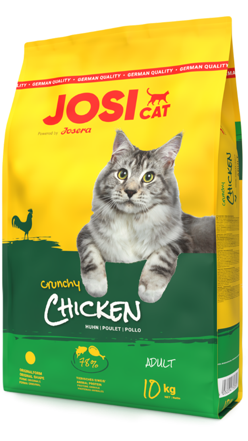 „Hrană uscată JosiCat Crunchy Poultry pentru pisici adulte – cu carne de pasăre crocantă pentru digestie ușoară și blană sănătoasă.”