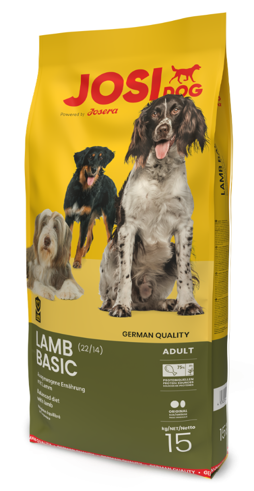 "JosiDog Lamb Basic – Hrană completă pentru câini adulți cu carne de miel, ideală pentru câinii cu sensibilități alimentare sau alergii."